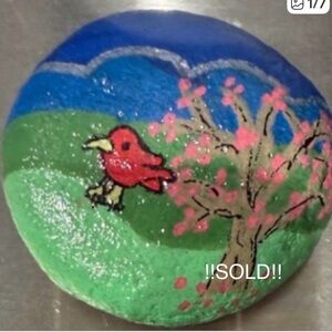 ‼️SOLD‼️. Hand Painted Rock, Cardinal Charicture in Tree